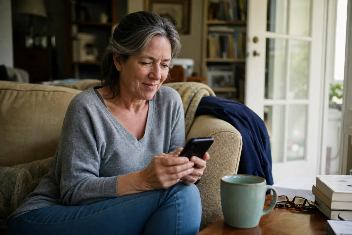 Woman in her late 50s calmly reviewing a dating message at home