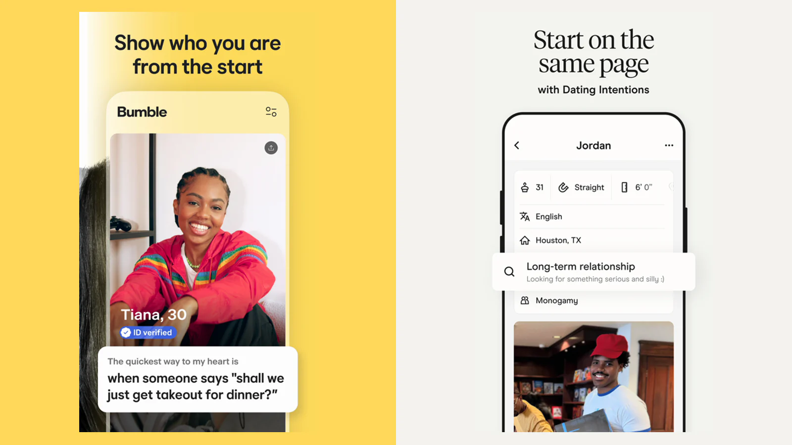 Illustrative comparison of Bumble and Hinge profile styles