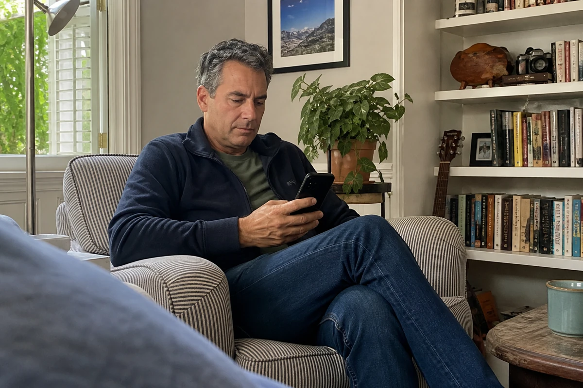 Man in his mid-50s preparing a thoughtful dating profile after divorce.