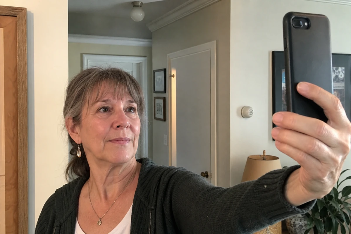 Older dater completing a selfie verification step for online dating safety.