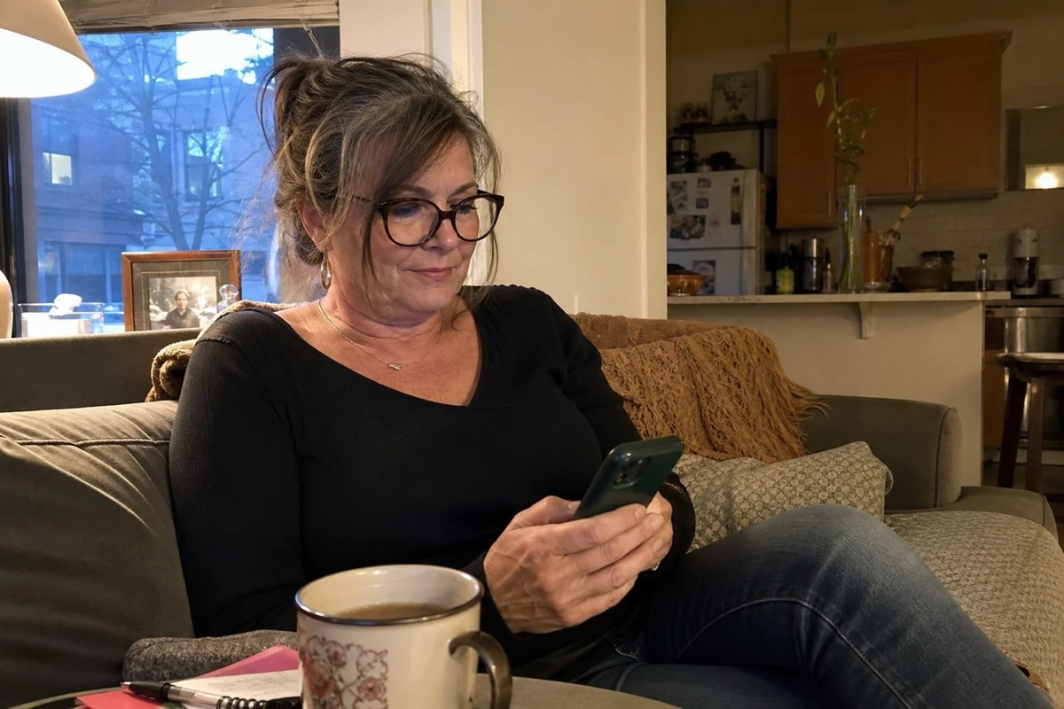 Woman in her late 50s reviewing a potential dating match.